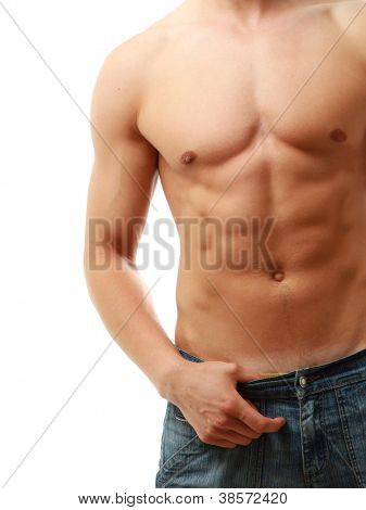Uomo forte, con un corpo helathy isolato su sfondo bianco