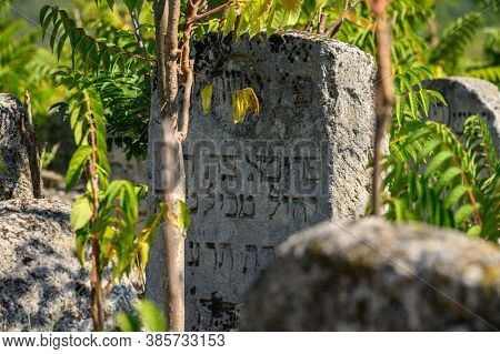 Vadul Rascov, Soldanesti, Moldova, September 2020: Old ruined tombstones at the ancient Jewish cemetery, now abandoned. Jewish communuty was massacred by nazis during WW2.