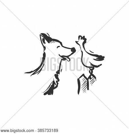 Interspecies Friendship Line Icon. Dog And Chicken Standing Together. Outline Drawing. Interspecies 