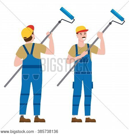 Construction Worker Painter With Rollerbrush In Workwear. Back And Front View Craftsman Character Ve