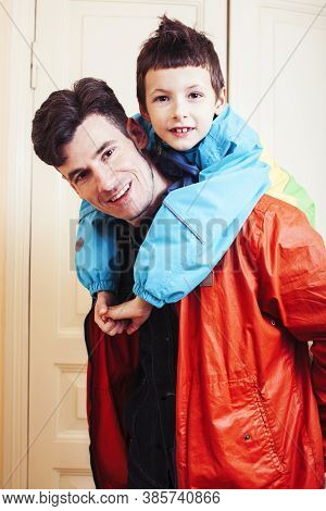 Faher And Son Together Having Fun At Home, Lifestyle Happy Family, People At Home