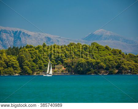 Saiing ship in the bay of Nidri in Greece