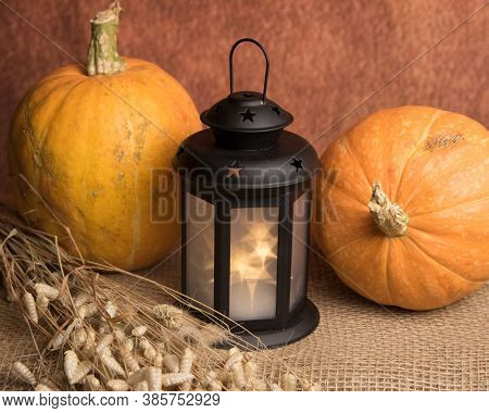 Still-life Painting With Pumpkin And Small Lamp