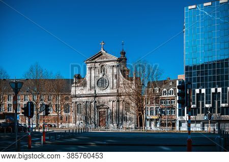 LIEGE, BELGIUM - February 24, 2018: Traditional Cathedral building in Liege city, Belgium 