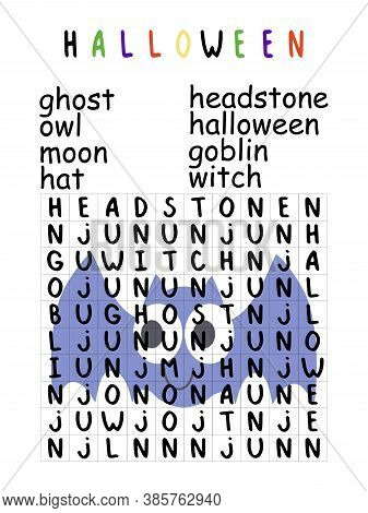 Halloween Holiday Word Search Puzzle For Kids Stock Vector Illustration. Children Game With English 