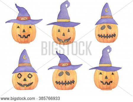 Watercolor Halloween Illustration Of Pumpkins Faces With Vilolet Hats, Jack O Lanterns