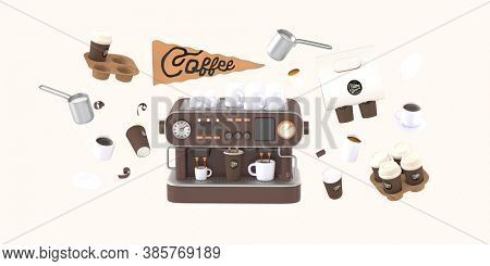 Coffee shop 3D render - coffee machine -modern concept digital illustration of a coffee maker with cups on the top, surrounded by takeout coffee packs and cups. Creative landing web page header