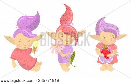 Cute Female Troll With Pointed Ears And Purple Hair Holding Strawberry And Eating Ice Cream Vector S