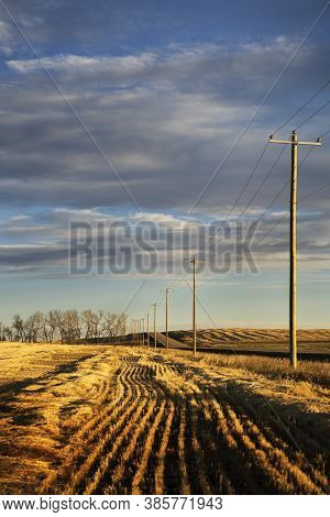 Morning Sun Rise Along A Rural Road With Power Lines And A Swathed Field In Rocky View County Albert