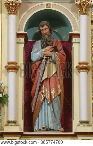 SVETI IVAN ZELINA, CROATIA - JUNE 26, 2013: Saint Paul statue on the high altar in the parish church of Saint John the Baptist in Sveti Ivan Zelina, Croatia