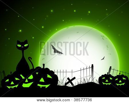 Strašidelné Halloween plné měsíční noci pozadí s dýní, létající netopýři a černá kočka. EPS 10.