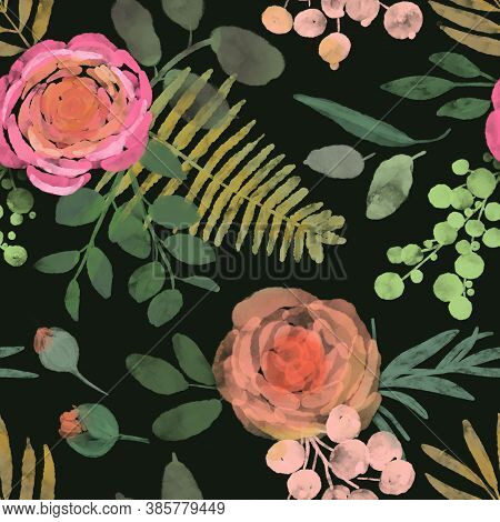 Seamless Pattern Of Watercolor Flowers. Design For Fabric, Paper. Illustration Of Flower Fields