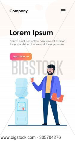 Man Drinking Water At Cooler. Office Employee, Worker, Work Break Flat Vector Illustration. Beverage