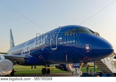 August 30, 2019. Zhukovsky, Russia. Russian Short-range Narrow-body Passenger Aircraft  Sukhoi Super