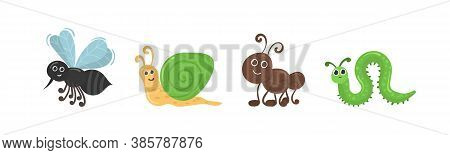 Cute Cartoon Bug Worm Funny Doodle Character In Flat Design. Set Of Kawaii Insect Isolated On White 