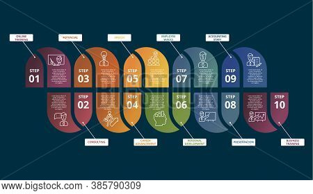 Infographic Business Training Template. Icons In Different Colors. Include Online Training, Consulti