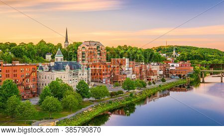 Augusta, Maine, USA skyline on the Kennebec River in the morning.