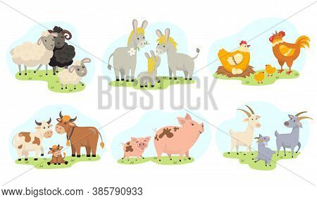 Cute Farm Animals Family Flat Illustration Set. Cartoon Domestic Goat, Sheep, Chicken, Cow, Pig, Don