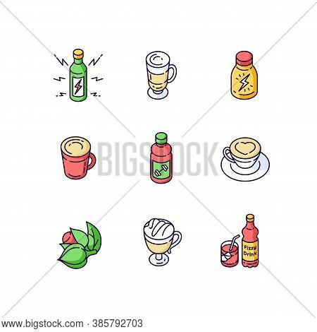 Energy Drinks Rgb Color Icons Set. Coffee In Cup. Guarana Ingredient. Fizzy Soft Beverage. Sports Dr