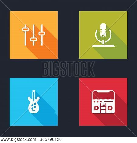 Set Music Equalizer, Microphone, Electric Bass Guitar And Home Stereo With Speakers Icon. Vector