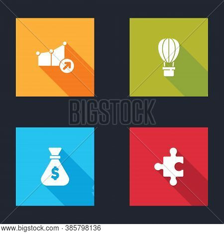 Set Financial Growth, Hot Air Balloon, Money Bag And Piece Of Puzzle Icon. Vector