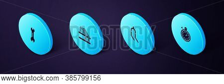 Set Isometric Stopwatch, Bicycle Fork, Parking And Wrench Spanner Icon. Vector