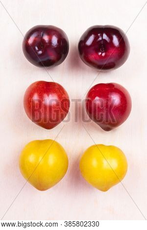 Red, Yellow Plum Fruit Top View On The White Background Isolated