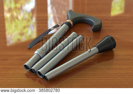 Folding Cane On The Wooden Table. 3d Rendering
