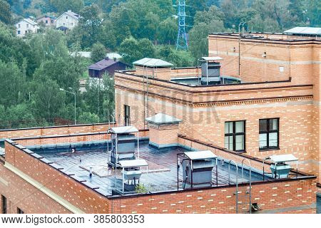 Top Modern Terrace Wet Flat Roof Apartment Building With Air Conditioners Green City View Rain Autum