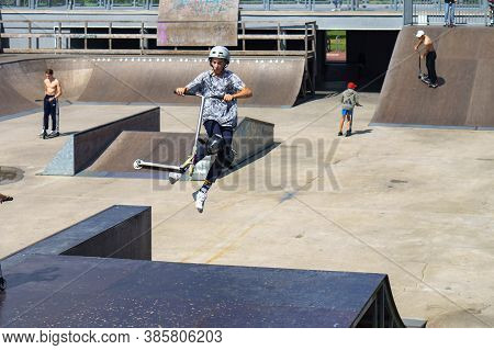 Stunt Scooters, Young People In A Skate Park, Scooter Sport, Freestyle Scootering, Russia, Kaliningr