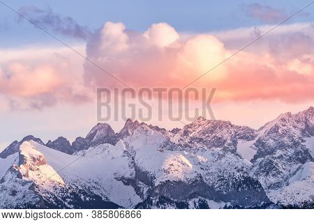 Sunset With Dramatic Sky And Snowy Mountain Peaks Illuminated By Sunlight, Tatra Mountains In Winter