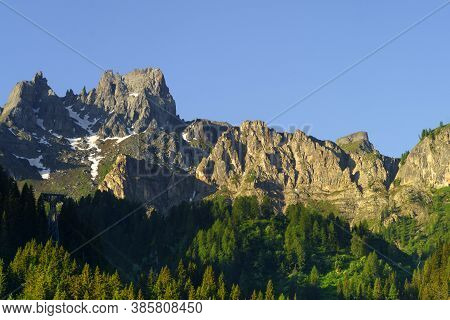 Mountain Landscape At Summer From The Village Of Arabba, Dolomites, Belluno Province, Veneto, Italy.