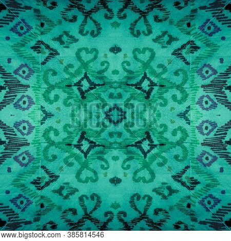 Ikat Brush. Seafoam Geometric Tribal Motifs. Emerald Abstract Ikat Background. Seafoam Ornament. Ika