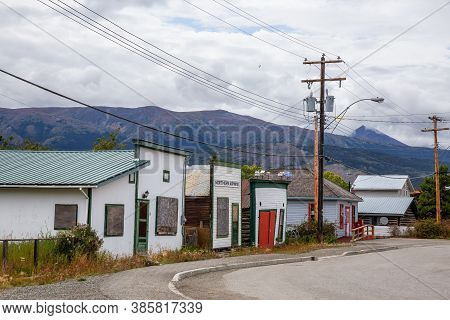 Carcross, Yukon, Canada - August 23, 2020: Colorful Building Stores That Are Closed Down In A Small 