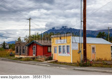 Carcross, Yukon, Canada - August 23, 2020: Colorful Building Stores That Are Closed Down In A Small 