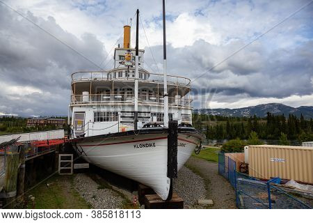 Whitehorse, Yukon, Canada - August 23, 2020: Historic Boat Memorial, Klondike, In The Public City Pa