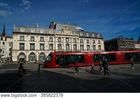 Clermont Ferrand - 08/24/2020 : Red Modern Tram In Place De Jaude