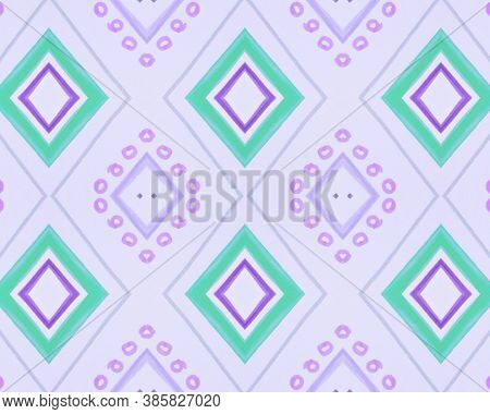 Green Seamless Ethnic Background. Watercolor Ikat Background. Mexican Textile Design. Pink Boho Bord