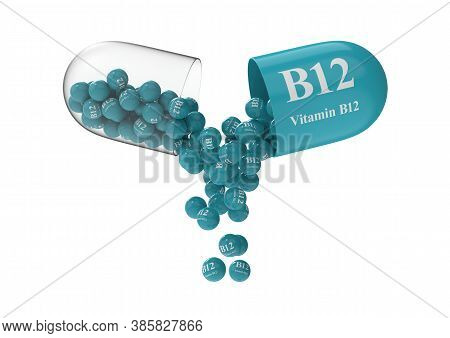 Open Capsule With B12 From Which The Vitamin Composition Is Poured. Medical 3d Rendering Illustratio