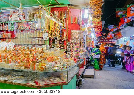 Haridwar, Garhwal, India - 3rd November 2018 : Various Ornaments For Sale. Night Image Of Motibazar,