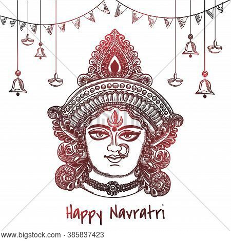 Vector Illustration Sketching Of Happy Navratri Greeting Card Design With Beautiful Maa Durga Face W