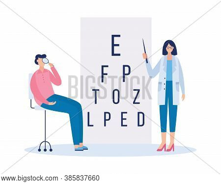 Ophthalmologist Doctor Checking Up Eyesight Flat Vector Illustration Isolated.