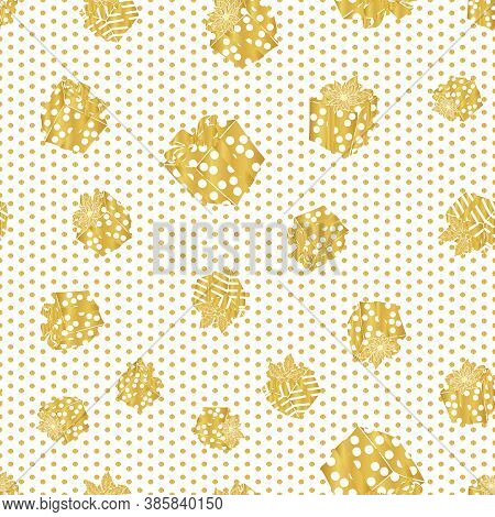 Golden Christmas Pattern With Present, Gift Box On The Polka Dot. Foil Texture. Hand Drawn Winter De