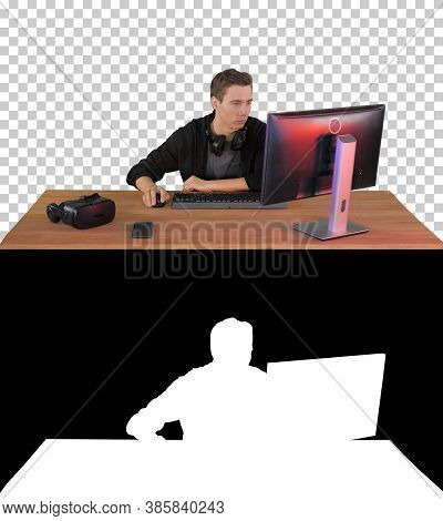Young Man Gamer Watching Stream Game, Alpha Channel With Silhoue