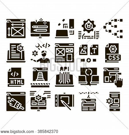 Front End Development Glyph Set Vector. Front End It Sphere, Html And Css Code, Internet Web Site De