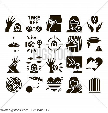 Sexual Harassment Glyph Set Vector. Victim And Woman Sexual Harassment, Molestation And Assault, Vio