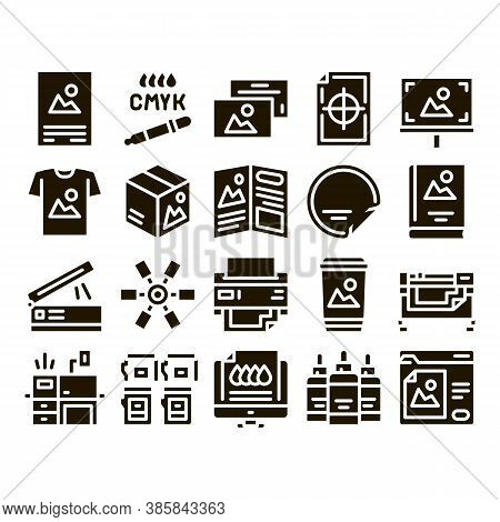 Polygraphy Printing Service Icons Set Vector. Polygraphy And Scanner Equipment And Ink, Paper List W
