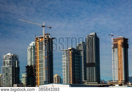 Construction Site In Burnaby City, Construction Of A New High-rise Buildings In Residential Area Of 