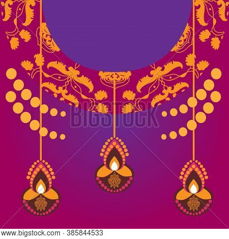 Happy Dussera Illustration. Diwali Banner Poster Banner On Orange Background With Burning Diya.