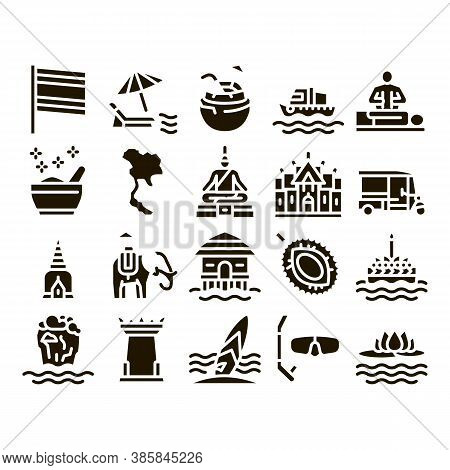Thailand National Glyph Set Vector. Thailand On Geography Map And Flag, Bungalow And Building, Eleph